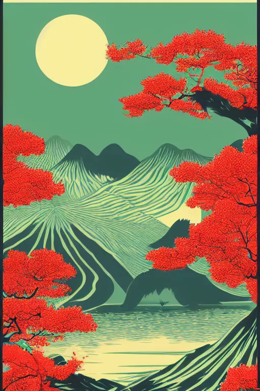 Image similar to amazing vector artwork, 2 tone Japanese landscape print