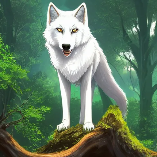 Prompt: highly detailed digital art of a magestic white wolf standing on an overgrown fallen tree trunk, lush surroundings, sunshine, kimi no na wa, trending on artstation, tranquil, concept art