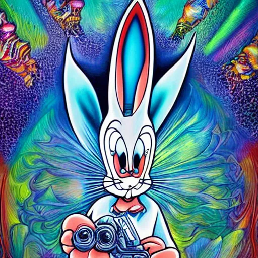 Image similar to Bugs bunny x holding an uzi painting by android jones in the style of cosmic christ by alex grey