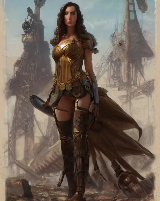 Image similar to highly detailed steampunk gal gadot standing : leonardo da vinci, greg rutkowski, magali villeneuve