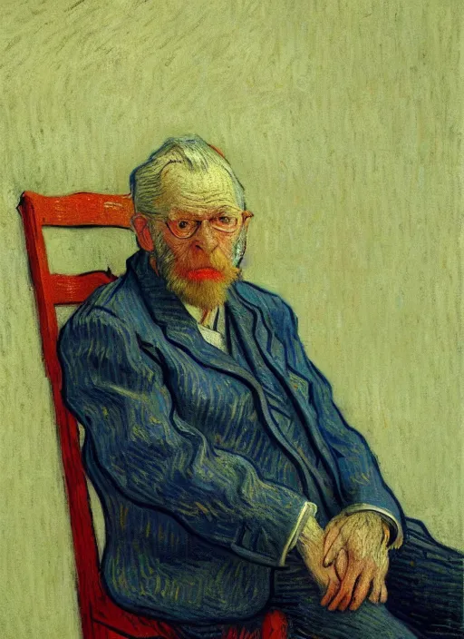 Prompt: portrait of a tired old man in a chair, detailed realism face in painting, detailed beautiful portrait, expressionist oil painting masterpiece, 8 k resolution, smooth, sharp focus, pastel color palette, trending on artstation, by van gogh
