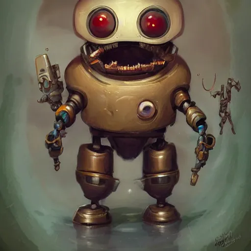 Image similar to anthropomorphic robot [ thing ], hungry, eating, consuming, tiny, small, short, cute and adorable, dnd character art portrait, matte fantasy painting, deviantart artstation, by jason felix by steve argyle by tyler jacobson by peter mohrbacher, cinema