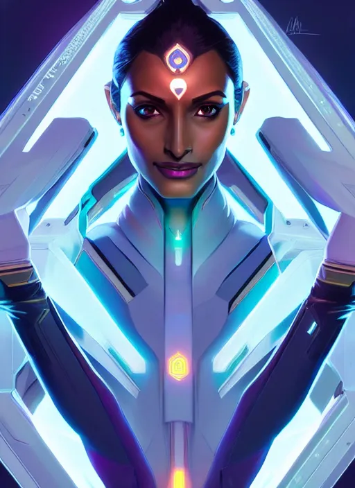 Image similar to symmetry portrait of symmetra from overwatch, closeup, sci - fi, tech wear, glowing lights intricate, elegant, highly detailed, digital painting, artstation, concept art, smooth, sharp focus, illustration, art by artgerm and greg rutkowski and alphonse mucha