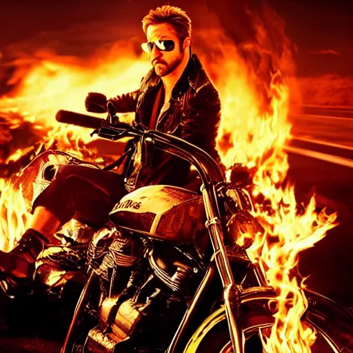 Prompt: An epic movie poster for Ghost Rider starring Ryan Gosling on a motorcycle with flames and chains on a desert road fire balls. Sharp. HD. 4K. 8K