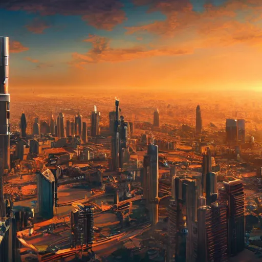 Image similar to isometric photo of a futuristic art deco city, detailed, extreme detail, gigapixel, high resolution, 4k, realistic style, bold colors, at golden hour
