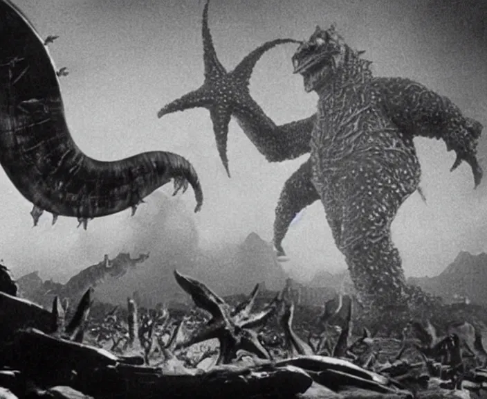 Image similar to a filmstill of a north korean monster movie, kaiju - eiga monster with starfish - arms trampling a traditional korean palace, foggy, film noir, epic battle, etheral, explosions, communist propaganda, communist epic thriller produced by kim jong - il, cinematography by akira kurosawa and tim burton, video compression