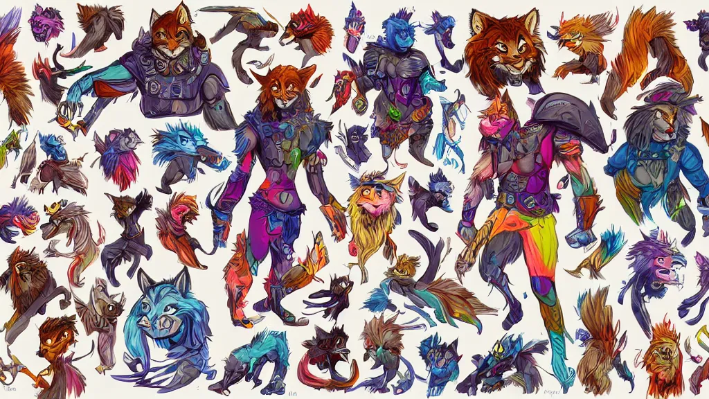 Image similar to colorful and vivid character sheet for a handsome muscular masculine lynx - man space - pirate with head of lynx, long tail, furry fandom, swashbuckling and romantic, retrofuture, high contrast, realistic, coherent, illustration, digital art, trending on artstation, hd, 8 k, good lighting, beautiful, rough paper, masterpiece