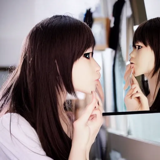 Image similar to an anime girl looking at a mirror