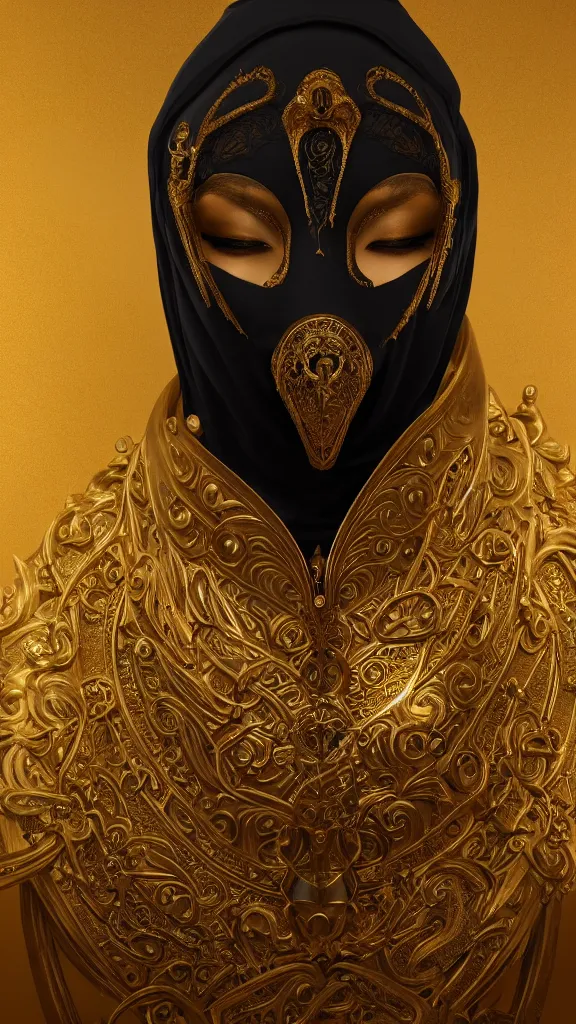 Image similar to black decadent hood, gold intricately detailed ornate metal mask, ornate background, portrait, realism, cinematic lighting, specular lighting, 8 k, artstation, octane render, peter mohrbacher, alfonso mucha, zdzisław beksinski