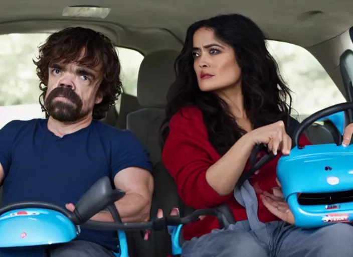 Prompt: peter dinklage and salma hayek driving a little tikes cozy coupe, movie still, from the new fast and furious, 8 k, realistic