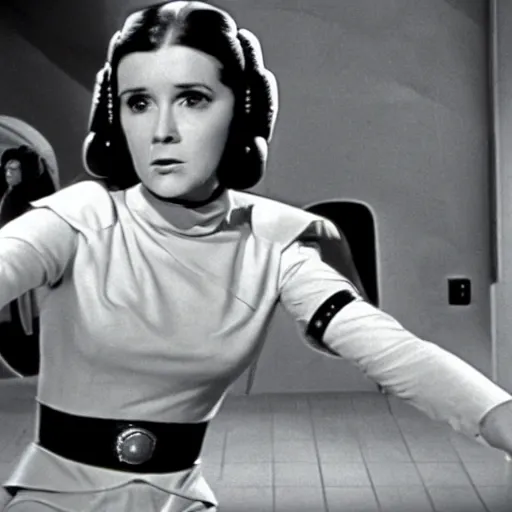 Image similar to still from old 40\'s movie Start Wars (1982) actress playing Princess Leia