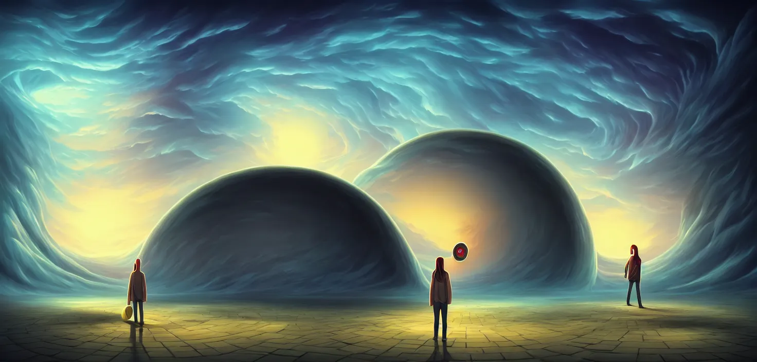 Image similar to a person standing in front of a large circular object, an album cover by cyril rolando, deviantart, magic realism, photoillustration, apocalypse art, matte drawing