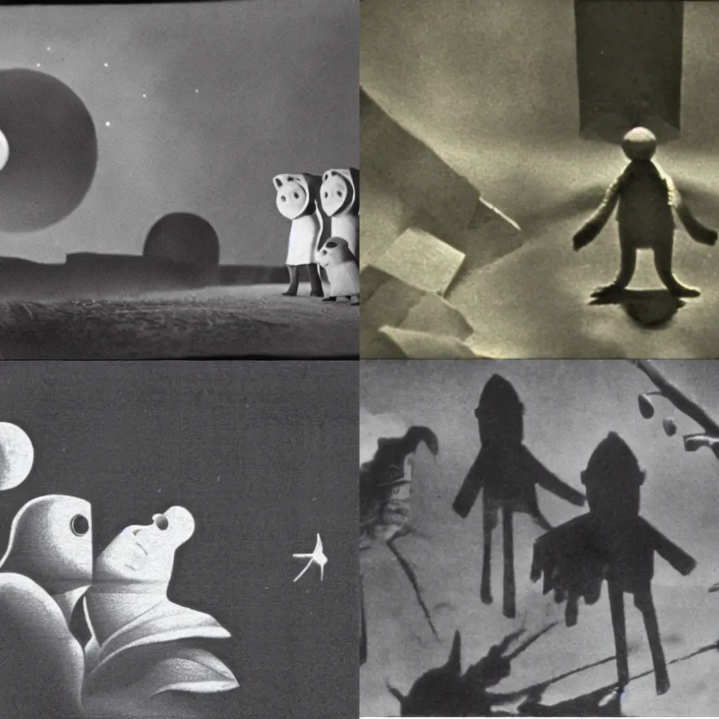Prompt: still from the man in the moon, Laika, stop-motion film (1924)