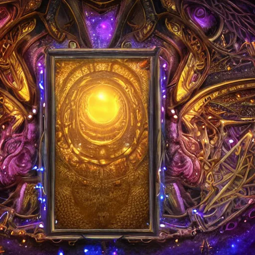 Image similar to a spell binding mirror, glowing magical symbols surrounding the mirror, epic mystical background by Keith Thompson and Christopher Bretz, highly detailed, digital painting, HDRI, vivid colors, high contrast, 8k resolution, intricate, photorealistic, smooth