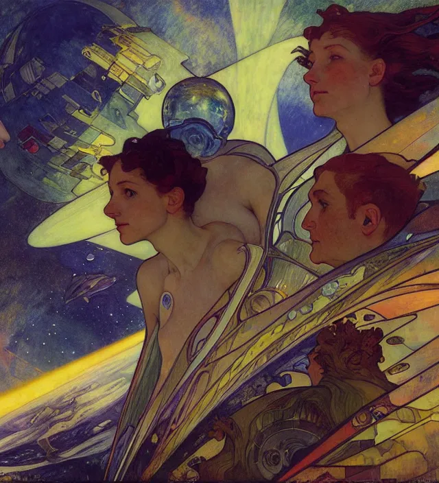 Image similar to spaceship war in the ocean planet, solarpunk style,, by egon shiele and alphonse mucha, with influence of jeremy mann, peter lindbergh, dave mckean, maurice sapiro, and frank moth, soft lightning, highly detailed, 8 k