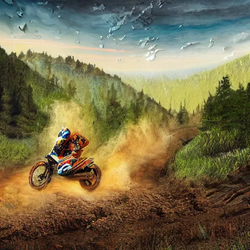 Image similar to detailed surreal digital painting of an off road motorcycle race moment, epic rider crash in the middle of a mountain view from a side, ktm, forest