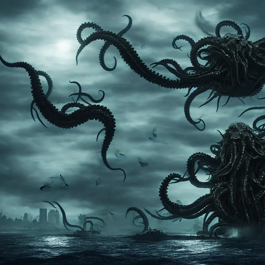 Image similar to the kraken attacks the city, atmospheric, ominous, eerie, cinematic, cinematic, 4k, ultra detail, ultra realistic