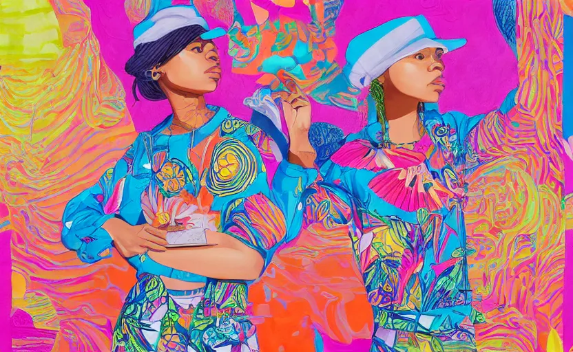 Prompt: beautiful painting of sunny hiphop solarpunk summertime chill, by martine johanna, njideka akunyili crosby, rossdraws. trending on artstation, 8 k, masterpiece, graffiti paint, fine detail, full of color, intricate detail, golden ratio illustration