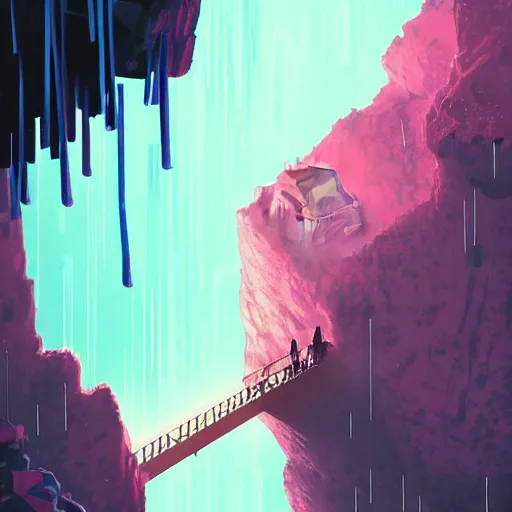 Image similar to comic book art of a [ man ] in trenchcoat with ( glowing ) crossing a [ old ] [ rope ] bridge in a [ jungle ] looking up at a [ mountain ] made of crystalized pink rock, a [ glowing tower ] extends into the sky, low angle, artstation illustration, elegant, cyberpunk, volumetric fog, arcane by tim doyle