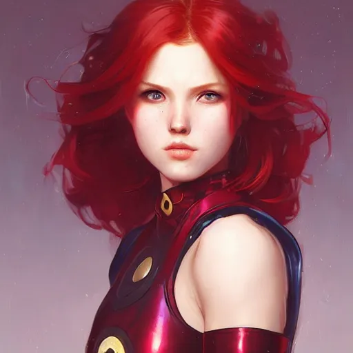 Image similar to a cool red - bun - haired girl. she is dressed as a superhero. clean elegant painting, beautiful detailed face. by artgerm and greg rutkowski and alphonse mucha