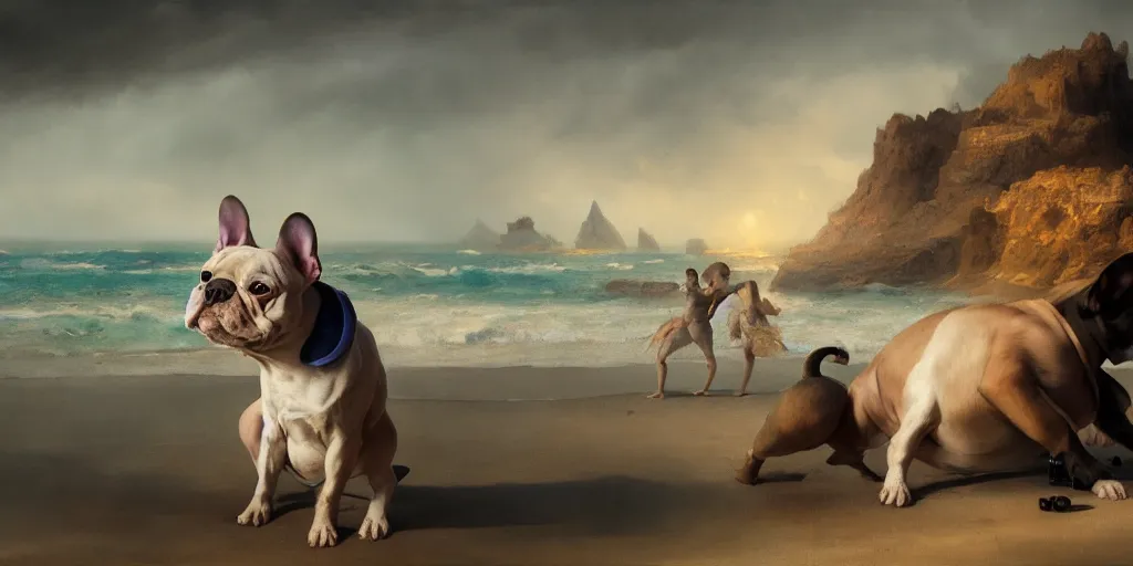 Image similar to a french bulldog on the beach, mythology, extremely detailed digital painting, in the style of dali, jheronimus bosch and ruan jia and jeremy lipking and peter mohrbacher, mystical colors, edge light, beautiful lighting, 4 k, stunning scene, ray tracing, octane, trending on artstation