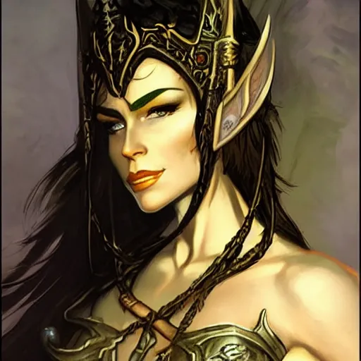 Image similar to elven queen character portrait by frank frazetta, fantasy, dungeons & dragons, sharp focus, beautiful, artstation contest winner, detailed