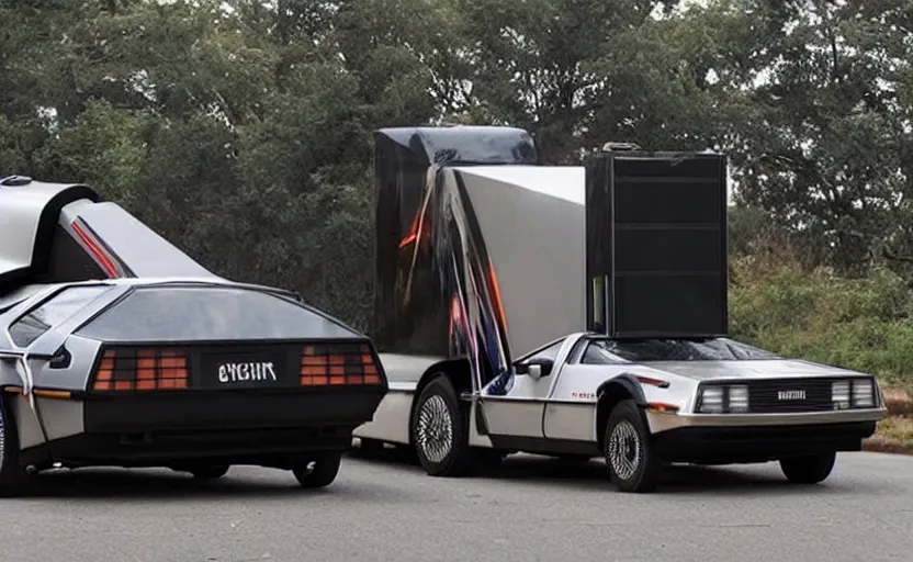 Image similar to a time-traveling delorean styled semi truck with trailer