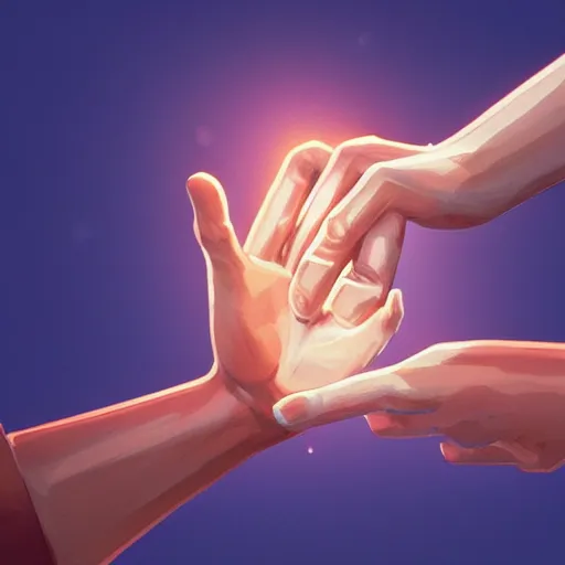 Image similar to a hand reaching out to another hand, behance hd by jesper ejsing, by rhads, makoto shinkai and lois van baarle, ilya kuvshinov, rossdraws global illumination ray tracing hdr radiating a glowing aura