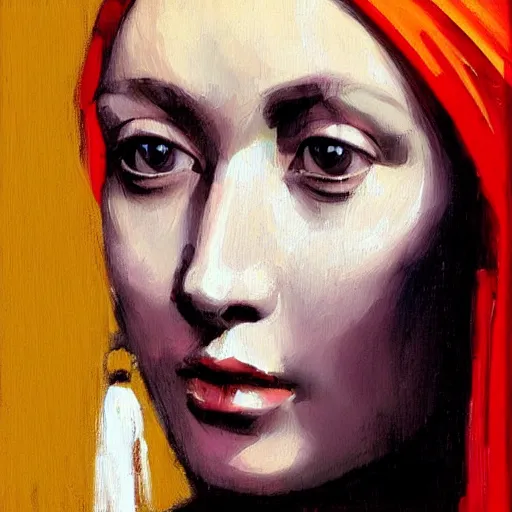 Image similar to greg manchess portrait painting of the girl with the pearl earring with the face of mona lisa, medium shot, asymmetrical, profile picture, organic painting, sunny day, matte painting, bold shapes, hard edges, street art, trending on artstation, by huang guangjian and gil elvgren and gerald brom