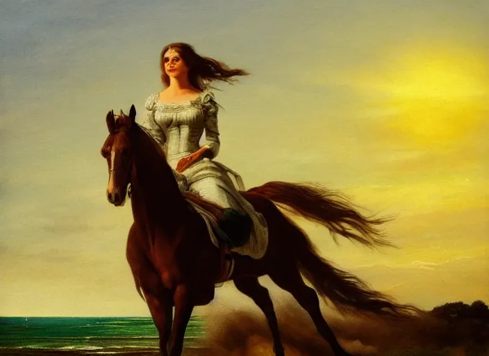 Prompt: a very beautiful woman with green eyes, high cheeks and long brown hair and long dress blowing in the wind, riding a galloping horse on a beach, sunset, incredibly fast, dramatic lighting, high contrast, ultra clear and detailed, 1 8 5 0 oil on canvas
