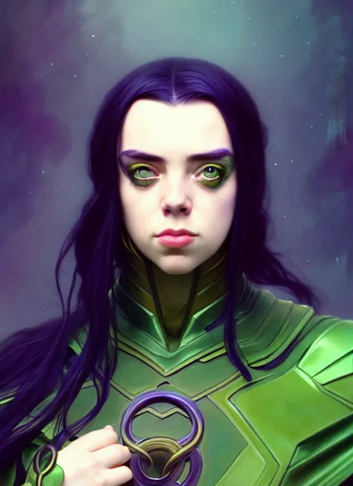 Image similar to Billie Eilish as Female Loki, very detailed, digital art, trending on artstation, concept art, smooth, illustration, art by artgerm and greg rutkowski and alphonse mucha and Edmund Blair Leighton and Katsuhiro Otomo and Geof Darrow and Phil hale and Ashley wood