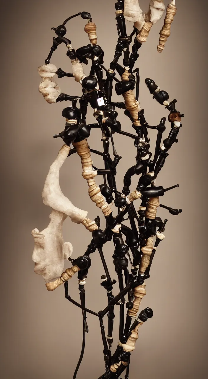 Prompt: a bagpipe with ceramic pipes shaped like a human larynx, in the style of an endoscopy, 8k,