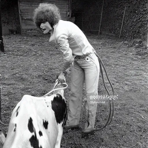 Prompt: alien in the village milking a cow, top secret style photo, 7 0 s