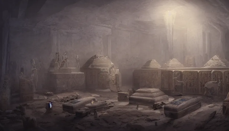 Image similar to ancient egyptian tomb with coffins, cobwebs, torchs, dark corridors, dust particles, treasures, light fog, hyperdetailed, artstation, cgsociety, 8 k