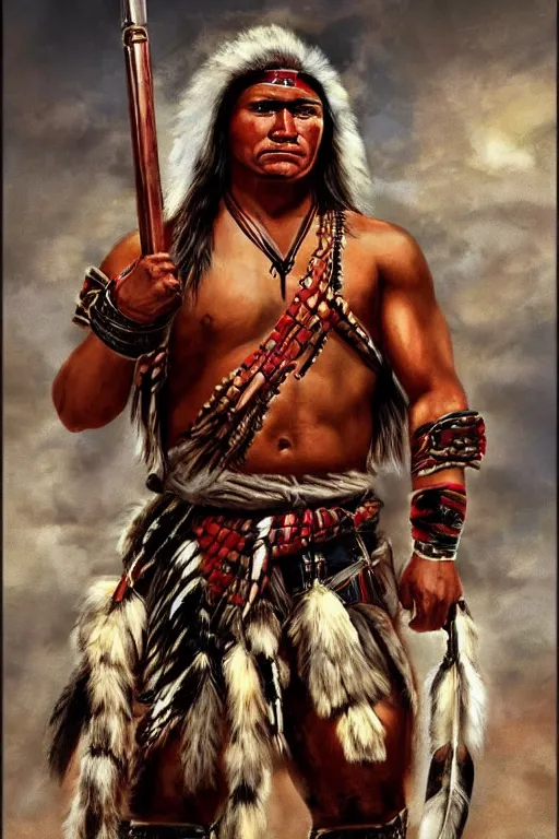 Image similar to Photo of Native American indian man Duke Nukem, portrait, skilled warrior of the Apache, ancient, realistic, detailed, Duke Nukem