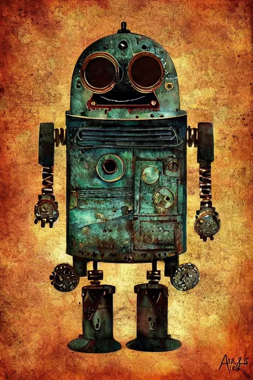 Prompt: robot pug, made of old military scrap, fairytale, magic realism, steampunk, mysterious, vivid colors, by andy kehoe, amanda clarke