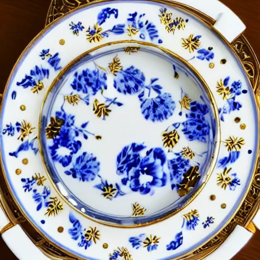 Image similar to photograph of a beautiful china saucer, rimmed with gold, decorated with white and blue flowers, high quality, hd, cinematic lighting, ring lighting, hung on a wall