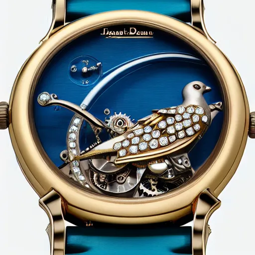 Prompt: a steampunk sleek, jewelled, tropical bird repeater watch by Jaquet Droz, gold and silver highlights, neon blue highlights, macro photography, F/2.8, trending on artstation, octane render