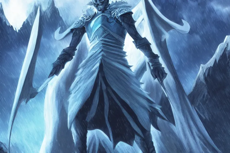 Prompt: a full body shot of Night King of Game of Thrones by Kubo Tite,Bleach manga style,small horns, detailed,ice mountains in the background,artstation,manga