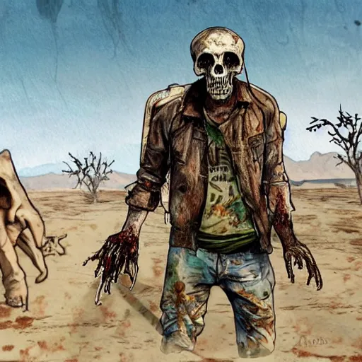 Prompt: a sketch of a decomposing zombie in a post - apocalyptic desert, gta 5 cover art style, the desert is in watercolor, elephant skull, pencil, intermediate art, paper art, pencil, bold lines, humans with apocalypse clothes on in the background, by an gta 5 loading screen artist