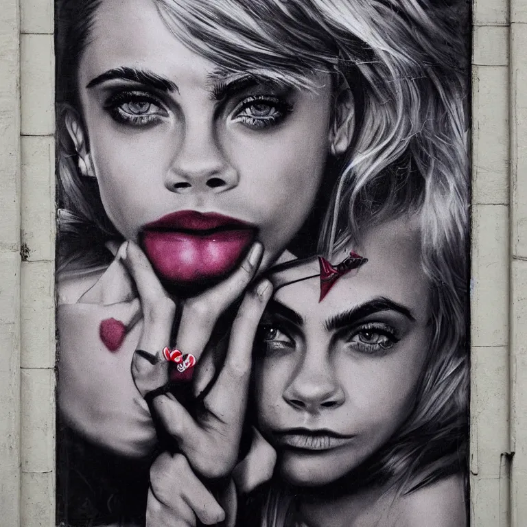 Image similar to Street-art portrait of Cara Delevingne in style of Banksy, photorealism, elegan woman, smiling, clear eyes