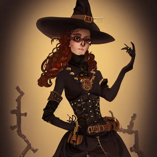 Prompt: concept art of a steampunk witch, trending on artstation