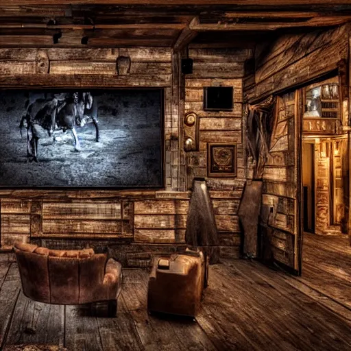 Prompt: old torn down western saloon with flickering cinema screen in the middle, dark fantasy, gritty, cinematic, stylish, vintage, ultra realistic.