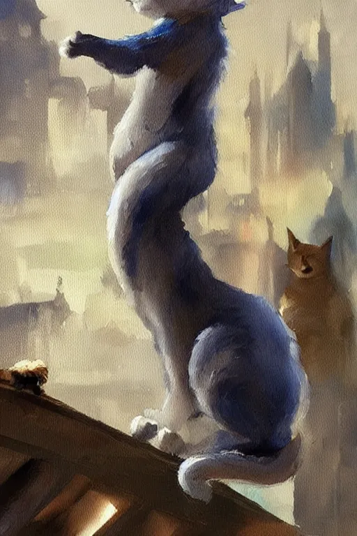 Image similar to beautiful clean oil painting a anthropomorphic cat in a cats city from the top of a roof pinterest, artstation trending, behance, watercolor, by coby whitmore, silver, laser light