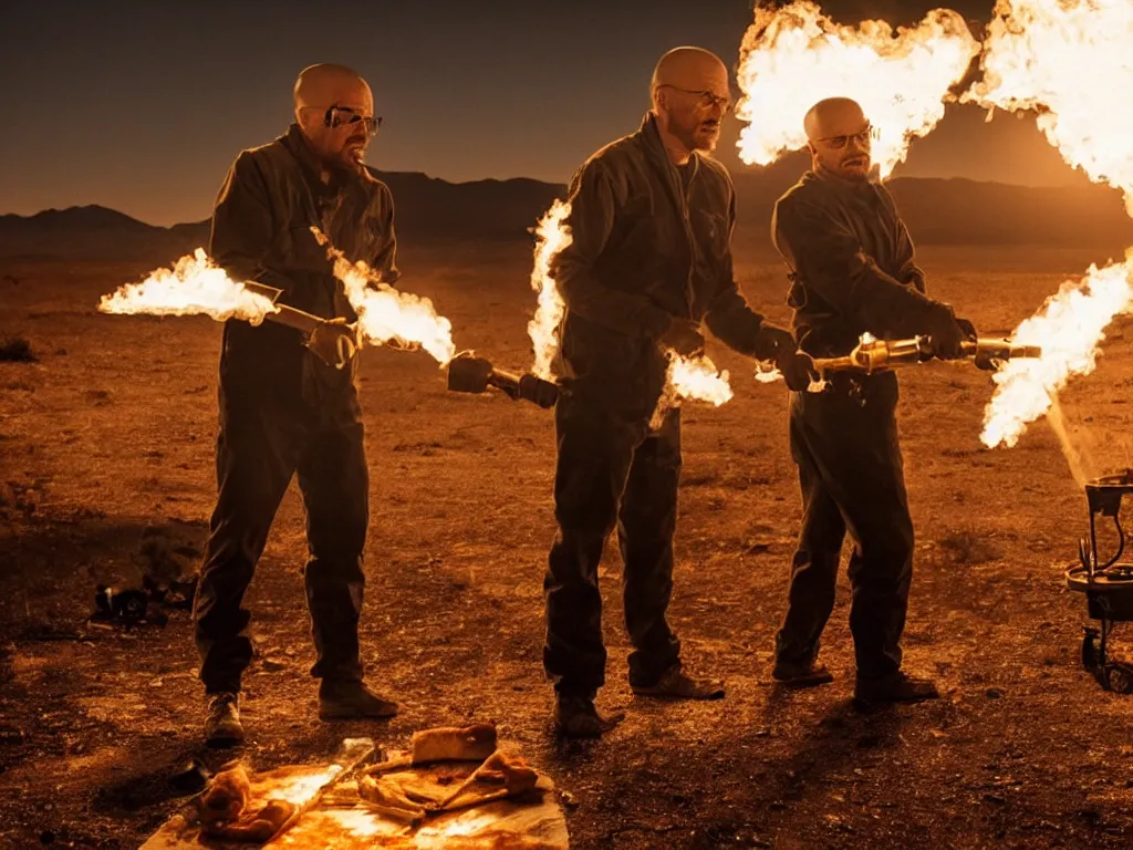 Prompt: walter white and jesse pinkman making pizza with a blowtorch in the desert, dramatic lighting, still from breaking bad
