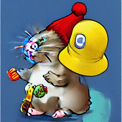 Image similar to stoner hamster wearing a beanie smoking a bong