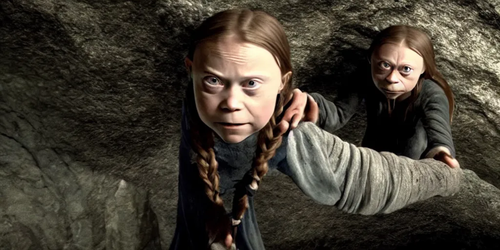 Image similar to greta thunberg as gollum, holding the ring up, inside a cave, fog, cinematic, still shot from the new lord of the rings movie