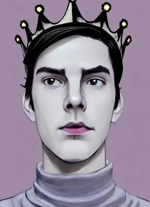 Image similar to portrait of teenage jughead jones wearing a light grey crown, crown, blue turtleneck, 1 9 5 0 s, closed eyes, photorealistic, black hair, glowing lighting, intricate, elegant, glowing lights, highly detailed, digital painting, artstation, concept art, smooth, sharp focus, illustration, art by wlop, mars ravelo and greg rutkowski