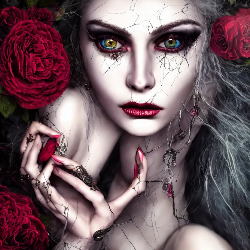 Image similar to single faced portrait of enchanting femenine witch, hyper attractive, seductive, very complex, hyper - maximalist, overdetailed, legendary cinematic, darkfantasy, archetype with timeless beauty breathtaking eyes, highly intricate, realism, roses, perspicious detail, silent hill aesthetic, photorealistic, lifelike, dslr 8 k, unbeatable coherency, octane render