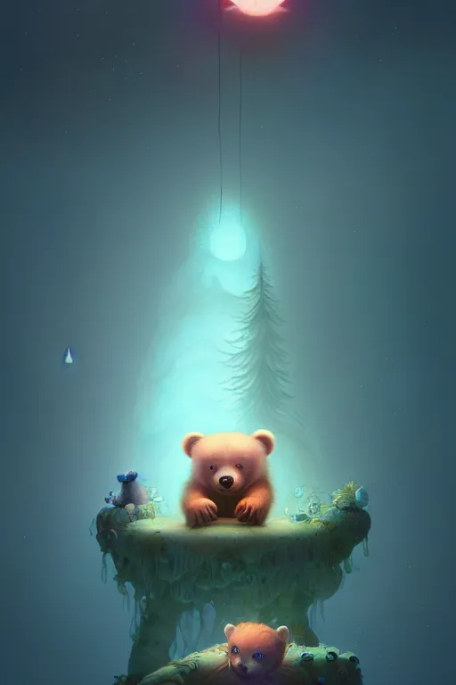 Prompt: a surreal Bioluminescent, very very very cute lost bear in a happy world by Daniel Merriam, Trending on Artstation, oil on Canvas by Elena Zhurikhina and Goro Fujita and Charlie Bowater, octane render, 4k, 8k, HD